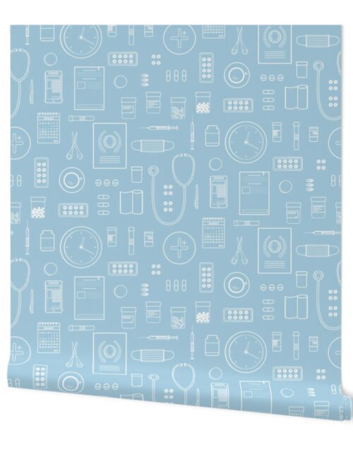 Scrubs Blue with White Outlined Drawings of Medical Symbols Wallpaper