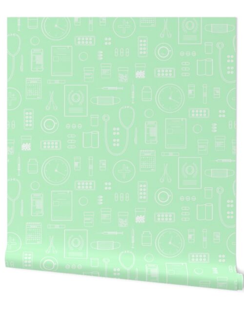 Scrubs Green with White Outlined Drawings of Medical Symbols Wallpaper
