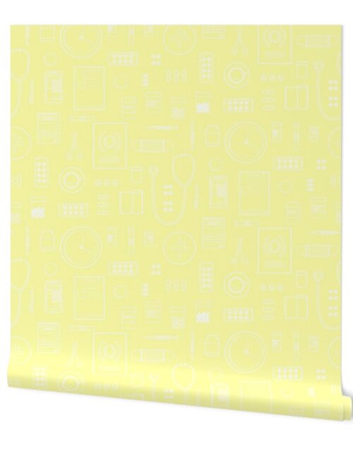 Scrubs Yellow with White Outlined Drawings of Medical Symbols Wallpaper