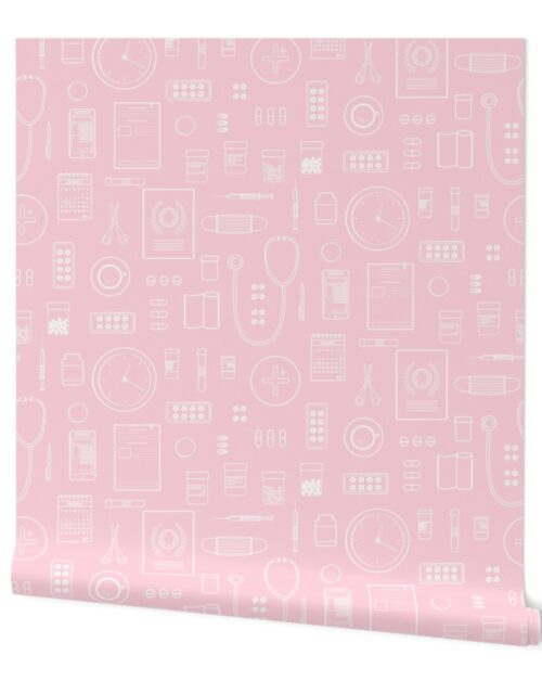 Scrubs Pink with White Outlined Drawings of Medical Symbols Wallpaper