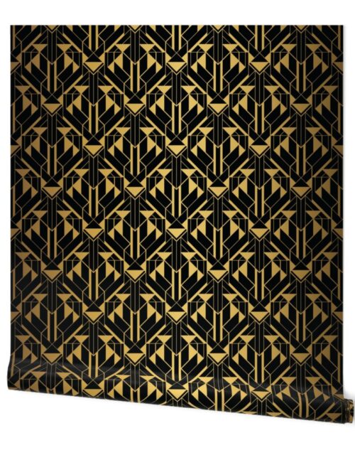 Black and Gold Faux Foil Vintage Art Deco Geometric Triangle Pattern Wallpaper