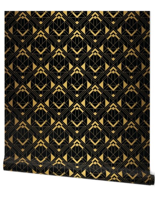 Black and Faux foil gold Vintage Art Deco Diagonal Diamond Geometric Repeat Wallpaper