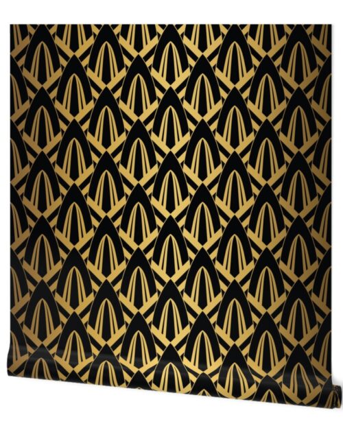 Faux foil gold on Black Retro Vintage Art Deco Geometric Cross-Hatched Cone Pattern Wallpaper