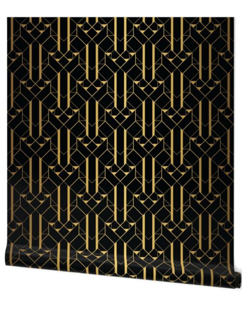 Black and Faux foil gold Vintage Art Deco Geometric Linear Repeat Pattern Wallpaper