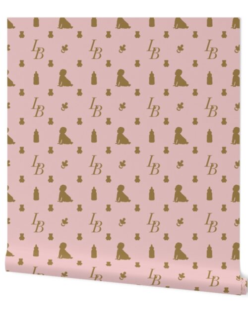 Louis Baby Luxury Iconic Monogram Pattern on Classic Pink with Tan Motifs Wallpaper