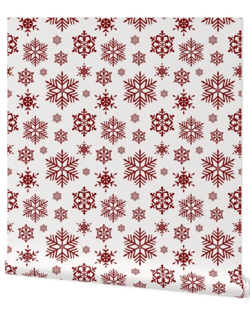 Large Dark Christmas Candy Apple Red Snowflakes on White Wallpaper