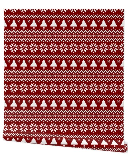 Large Dark Christmas Candy Apple Red Nordic Trees Stripe in White Wallpaper