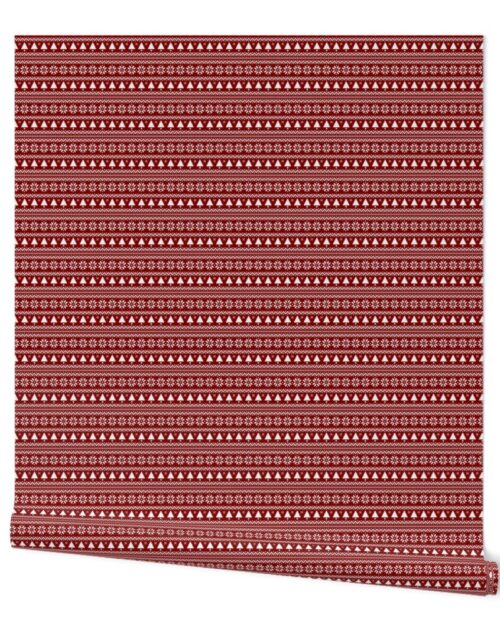 Dark Christmas Candy Apple Red Nordic Trees Stripe in White Wallpaper