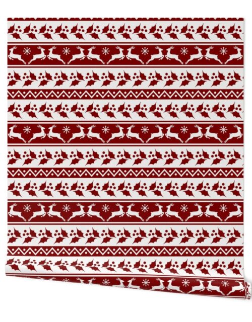Large Dark Christmas Candy Apple Red Nordic Reindeer Stripe in White Wallpaper