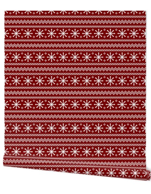 Large Dark Christmas Candy Apple Red Snowflake Stripes in White Wallpaper