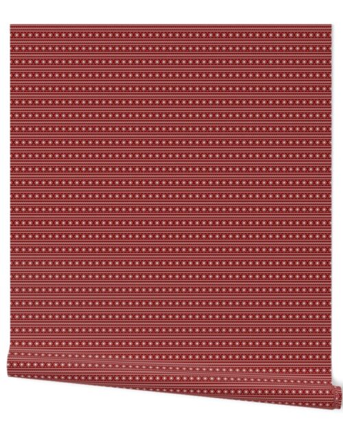 Dark Christmas Candy Apple Red Snowflake Stripes in White Wallpaper