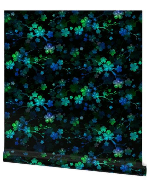 Bright Neon Green and Blue Cherry Blossom Flowers and Vines Wallpaper