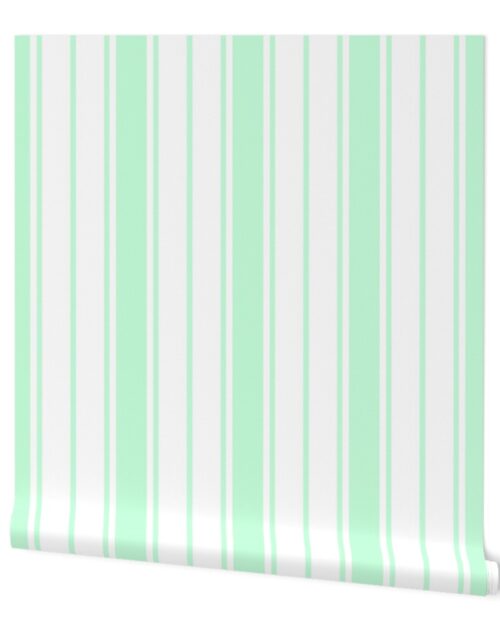 Mint Foam and White Vertical French Stripe Wallpaper