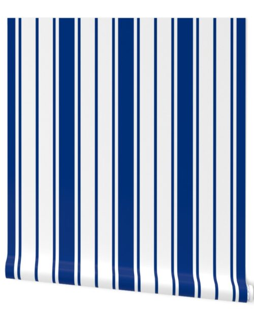 Deep Water Blue and White Vertical French Stripe Wallpaper