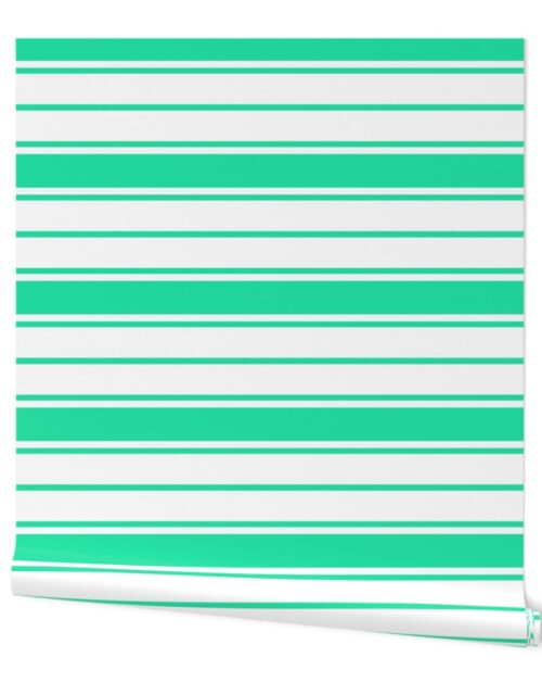 Sea Mint Green and White Horizontal French Stripe Wallpaper