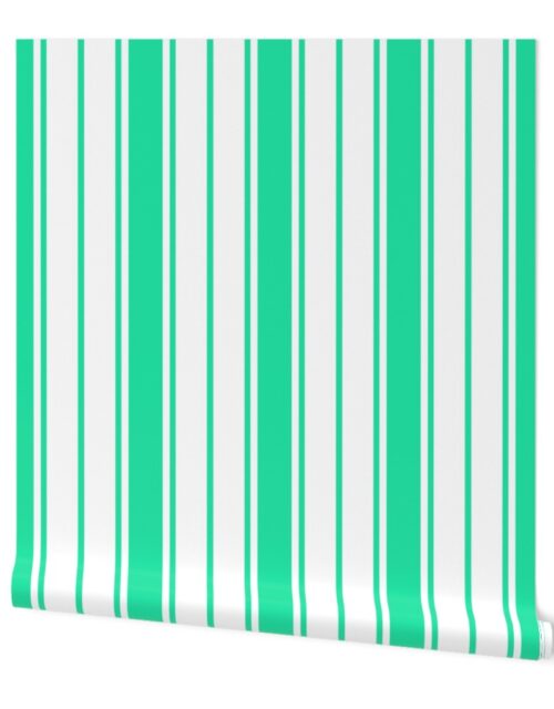 Sea Mint Green and White Vertical French Stripe Wallpaper