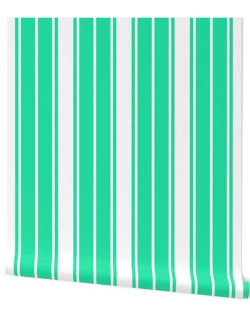Sea Mint Green and White Vertical French Stripe Wallpaper