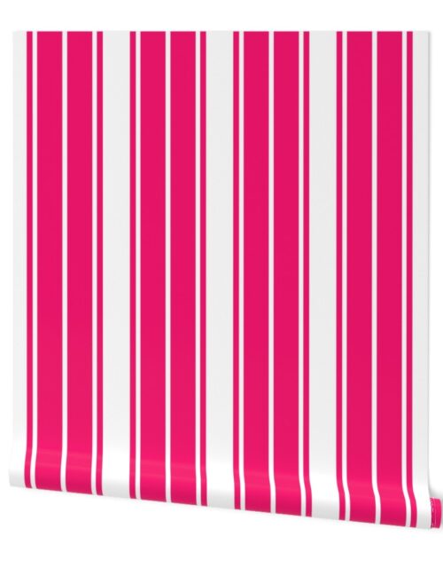 Bright Flamingo Pink and White Vertical French Stripe Wallpaper