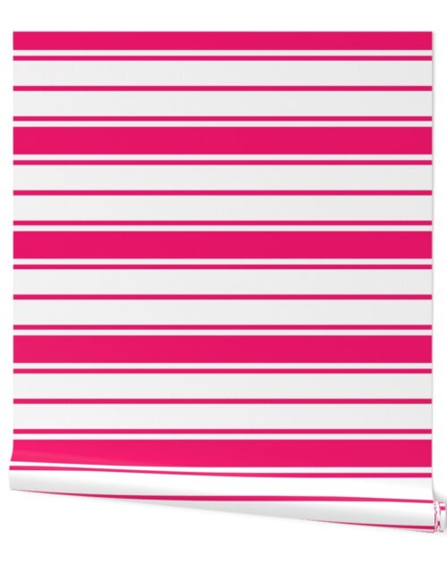 Bright Flamingo Pink and White Horizontal French Stripe Wallpaper