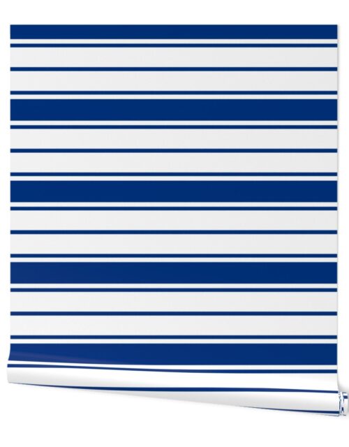 Deep Water Blue and White Horizontal French Stripe Wallpaper