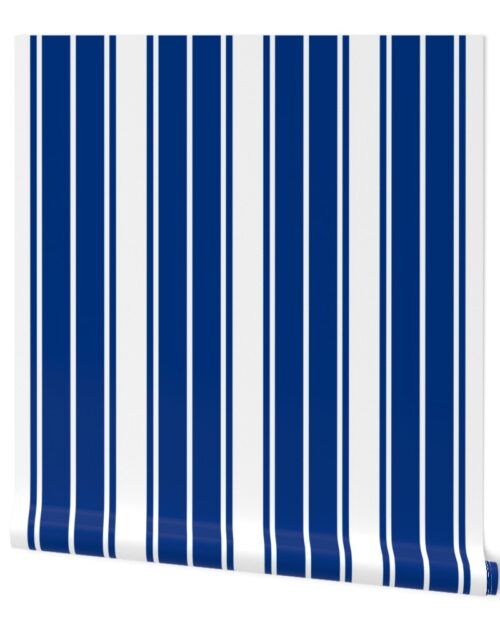 Deep Water Blue and White Vertical French Stripe Wallpaper