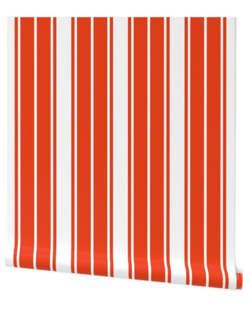 Bright Citrus Orange and White Vertical French Stripe Wallpaper