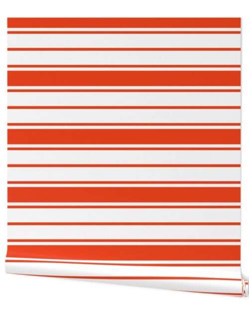 Bright Citrus Orange and White Horizontal French Stripe Wallpaper