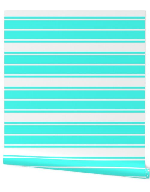 Art Deco Aqua and White Horizontal French Stripe Wallpaper