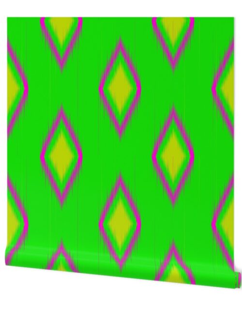 Ikat in Lime Green, Hot Pink, Bright Yellow Geometric Shapes Wallpaper