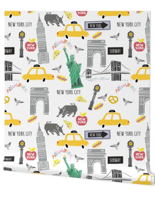 New York City Handdrawn Motifs Empire State, Statue of Liberty, Yellow Taxi, Fifth Avenue Clock, Bull of Wall Street, Washington Arch, Brooklyn Bridge and Street food on White Wallpaper