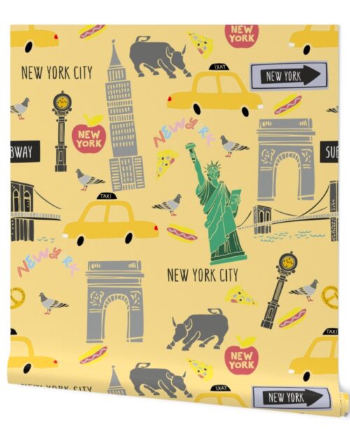 New York City Handdrawn Motifs Empire State, Statue of Liberty, Yellow Taxi, Fifth Avenue Clock, Bull of Wall Street, Washington Arch, Brooklyn Bridge and Street food on Yellow Wallpaper