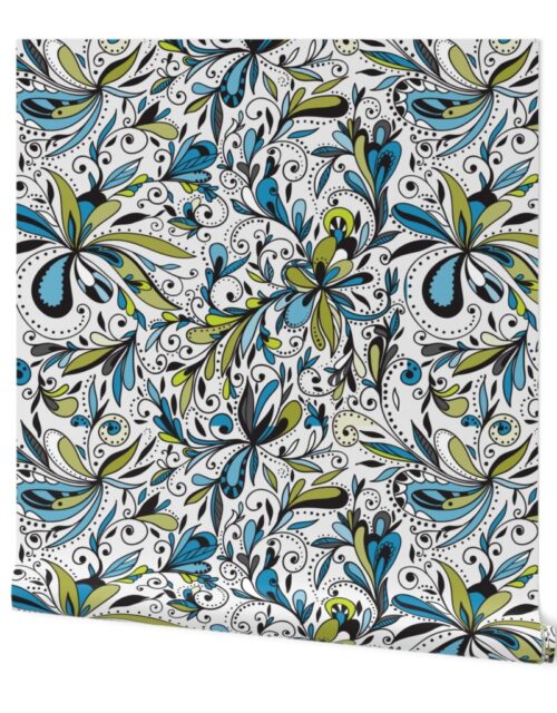 Floral Doodles Seamless Repeat Pattern in Blue and Green Wallpaper