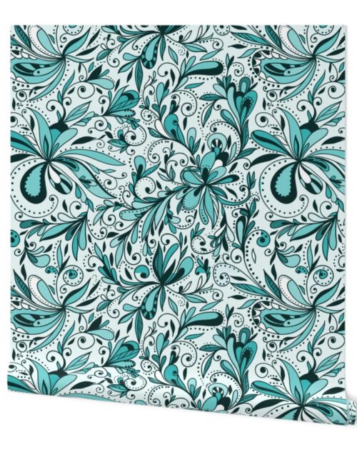 Floral Doodles Seamless Repeat Pattern in Aqua Blue Wallpaper