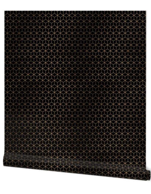 Small  Black and Faux Metallic Gold Art Deco 3D Geometric Cubes Wallpaper