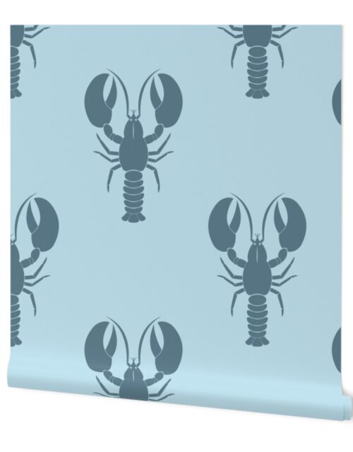 Handdrawn Motif of a Teal Green Lobster on Pale Blue Wallpaper
