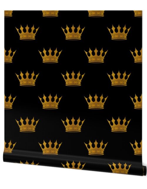 Midnight Black Faux Metallic Gold Crowns Wallpaper