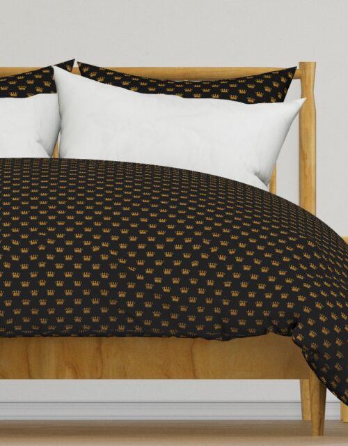 Micro Gold Crowns on Midnight Black Duvet Cover