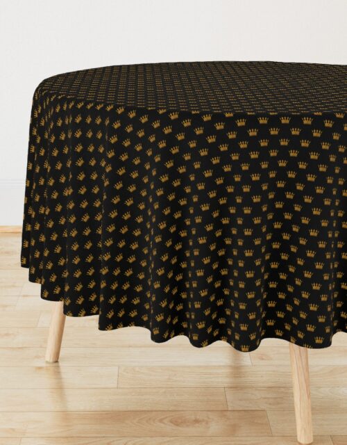 Micro Gold Crowns on Midnight Black Round Tablecloth