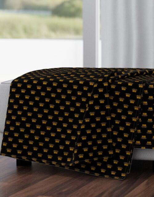 Micro Gold Crowns on Midnight Black Throw Blanket