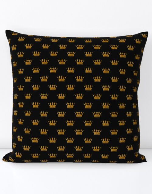 Micro Gold Crowns on Midnight Black Square Throw Pillow