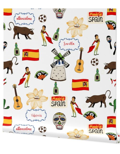 Spain Handdrawn Motifs Matador, Windmill, Bull, Maracas, Football, Flamenco Guitar on White Wallpaper