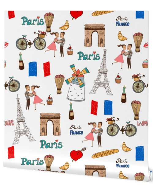 Paris France Handdrawn Motifs Eiffel Tower, Baguettes, Arc de Triomphe, Tricolor on White Wallpaper
