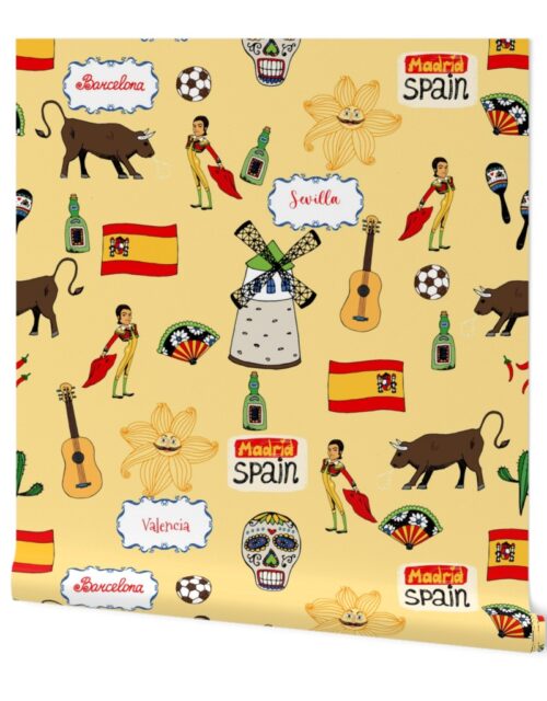 Spain Handdrawn Motifs Matador, Windmill, Bull, Maracas, Football, Flamenco Guitar on Yellow Wallpaper