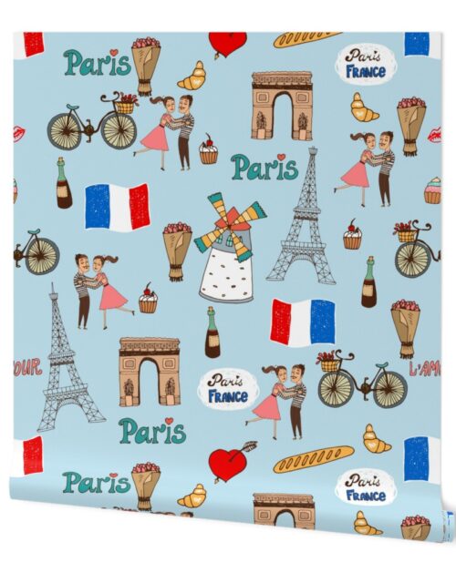 Paris France Handdrawn Motifs Eiffel Tower, Baguettes, Arc de Triomphe, Tricolor on Blue Wallpaper