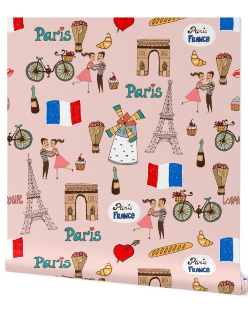Paris France Handdrawn Motifs Eiffel Tower, Baguettes, Arc de Triomphe, Tricolor on Pink Wallpaper