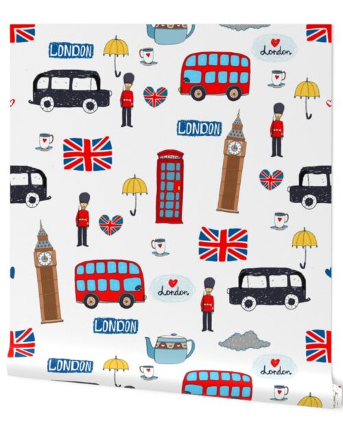 London England Handdrawn Motifs Big Ben, Union Jack, Palace Guard, Teatime, Black Cabs on White Wallpaper