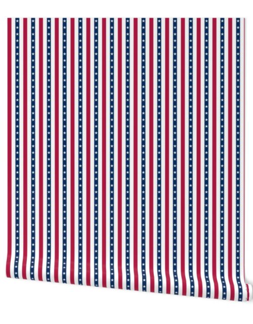 USA Flag Colors of Red, White and Blue with Stars in Alternating  1 Inch Wide Vertical Stripes Wallpaper