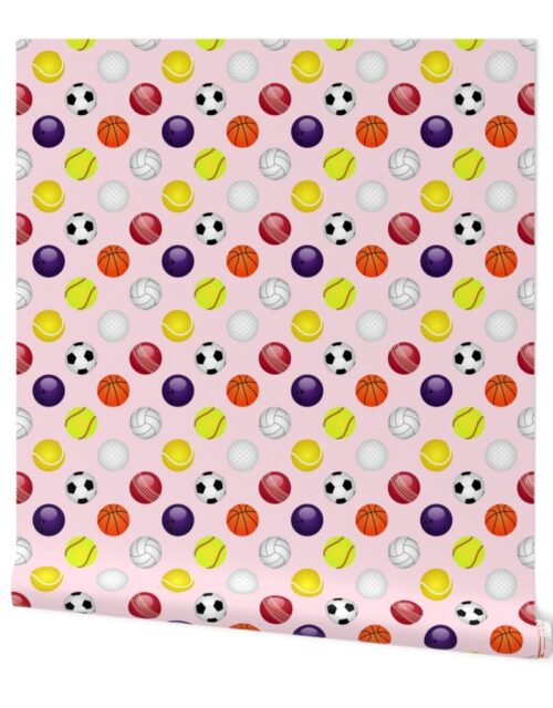 All Sports Balls Soccer, Tennis, Basket, Base, Cricket, Volley, Golf, Soft and Pool Balls on Powder Pink Wallpaper