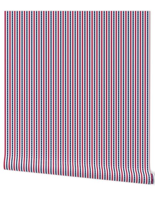 USA Flag Colors of Red, White and Blue with Stars in Alternating 1/2 Inch Wide Vertical Stripes Wallpaper