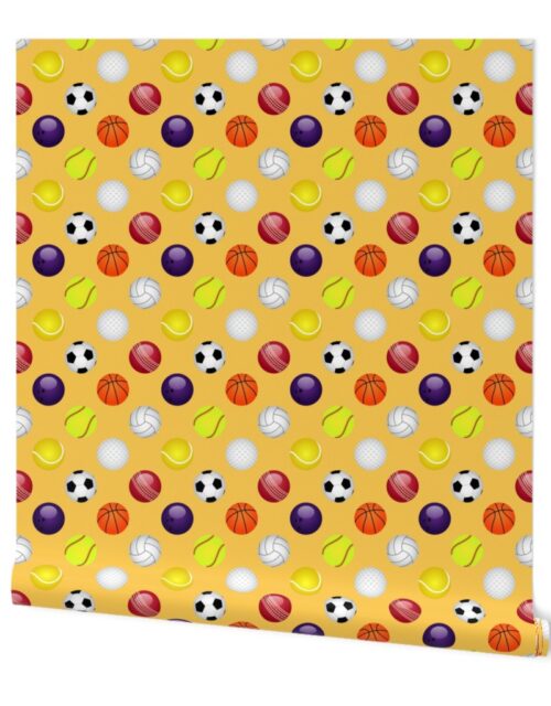 All Sports Balls Soccer, Tennis, Basket, Base, Cricket, Volley, Golf, Soft and Pool Balls on Bright Yellow Wallpaper